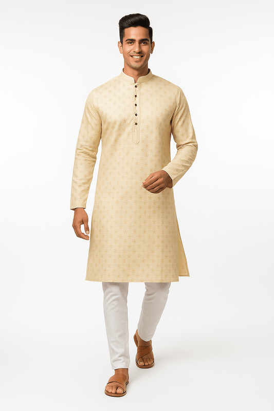 Men's Jacquard Silk Kurta with Zari Embroidery, luppi work Work - Pestle Gold, gold - Vedkart