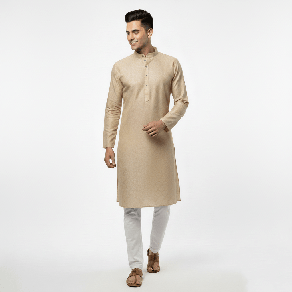Men's Premium Jaquard Kurta with Jari Embroidery - Wedding & Festival Wear | Round Collar Full Sleeve Kurta Set - Cream kurta, Light cream kurta, Pale gold kurta - Vedkart