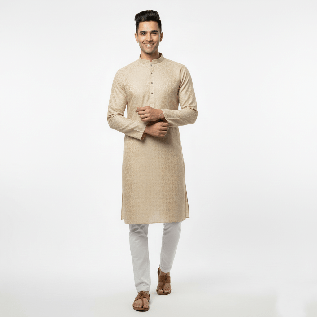 Men's Premium Jaquard Kurta with Jari Embroidery - Wedding & Festival Wear | Round Collar Full Sleeve Kurta Set - Cream kurta, Light cream kurta, Pale gold kurta - Vedkart