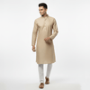 Men's Premium Jaquard Kurta with Jari Embroidery - Wedding & Festival Wear | Round Collar Full Sleeve Kurta Set - Cream kurta, Light cream kurta, Pale gold kurta - Vedkart