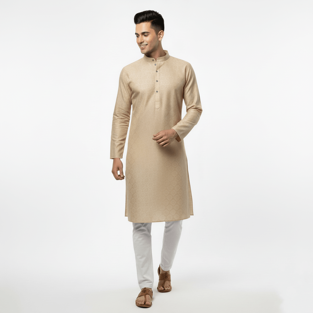 Men's Premium Jaquard Kurta with Jari Embroidery - Wedding & Festival Wear | Round Collar Full Sleeve Kurta Set - Cream kurta, Light cream kurta, Pale gold kurta - Vedkart