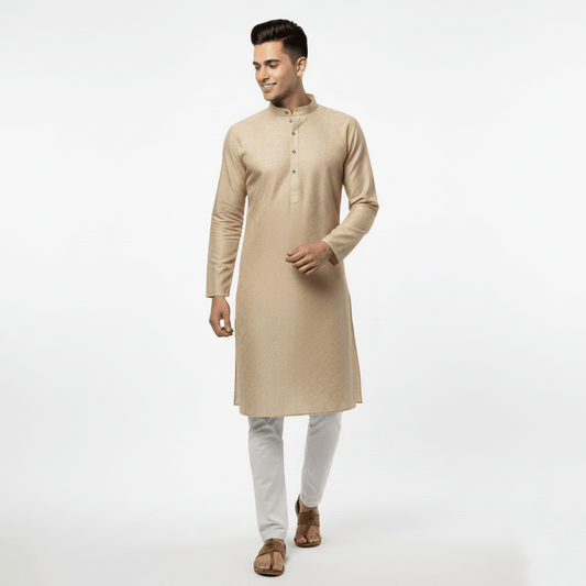 Men's Premium Jaquard Kurta with Jari Embroidery - Wedding & Festival Wear | Round Collar Full Sleeve Kurta Set - Cream kurta, Light cream kurta, Pale gold kurta - Vedkart
