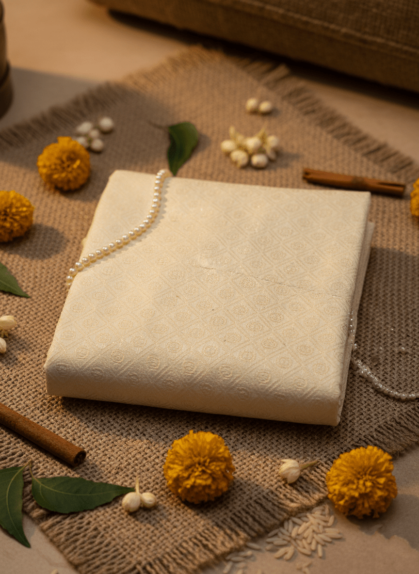 Men's Premium Jaquard Kurta with Jari Embroidery - Wedding & Festival Wear | Round Collar Full Sleeve Kurta Set - Cream kurta, Light cream kurta, Pale gold kurta - Vedkart