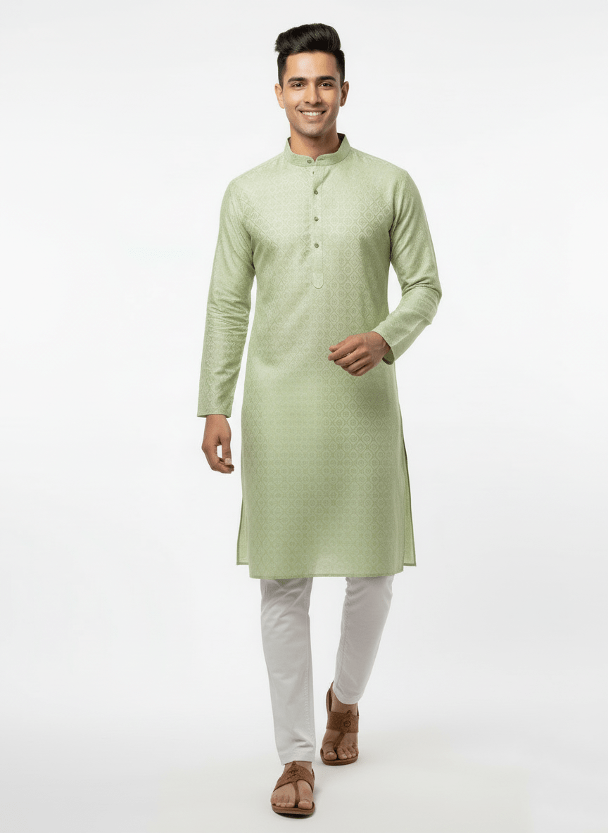 Men's Premium Jaquard Kurta with Jari Embroidery - Wedding & Festival Wear | Round Collar Full Sleeve Kurta Set - Cream kurta, Light cream kurta, Soft green, green - Vedkart