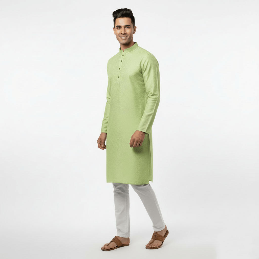Men's Premium Jaquard Kurta with Jari Embroidery - Wedding & Festival Wear | Round Collar Full Sleeve Kurta Set - Cream kurta, Light cream kurta, Soft green, green - Vedkart