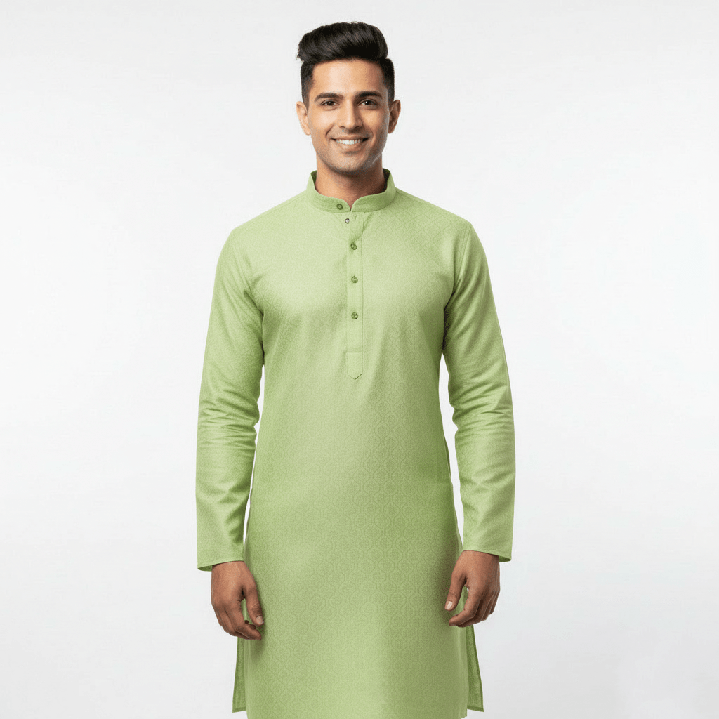 Men's Premium Jaquard Kurta with Jari Embroidery - Wedding & Festival Wear | Round Collar Full Sleeve Kurta Set - Cream kurta, Light cream kurta, Soft green, green - Vedkart