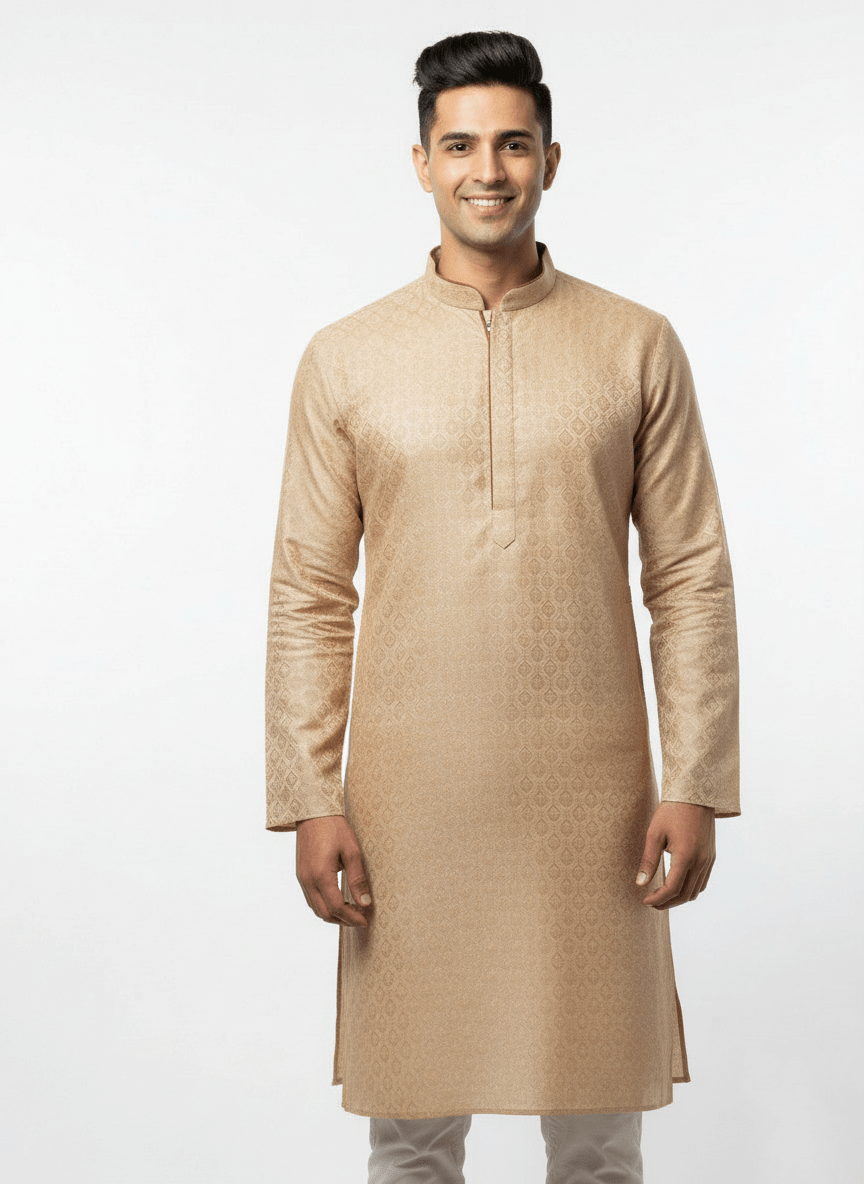 Men's Premium Jaquard Kurta with Jari Embroidery - Wedding & Festival Wear | Round Collar Full Sleeve Kurta Set - Golden, Mango Yellow - Vedkart