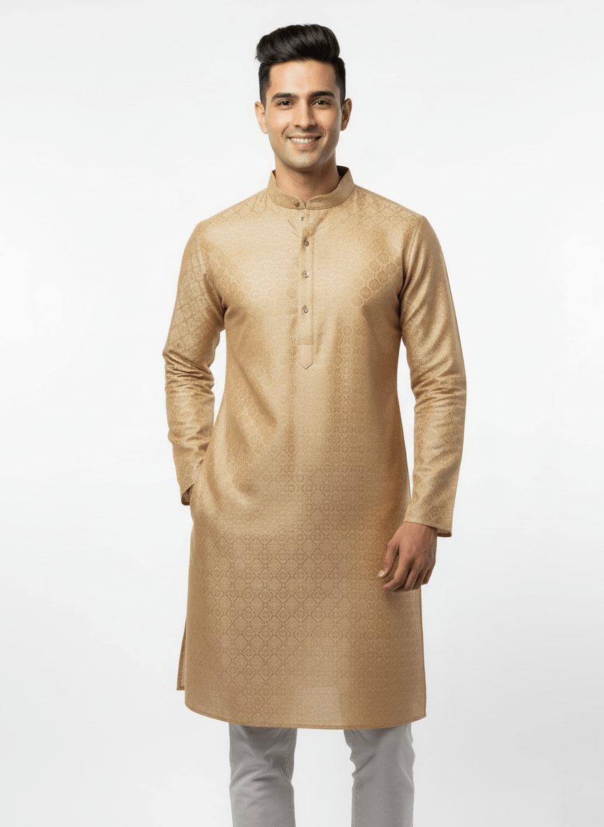 Men's Premium Jaquard Kurta with Jari Embroidery - Wedding & Festival Wear | Round Collar Full Sleeve Kurta Set - Golden, Mango Yellow - Vedkart