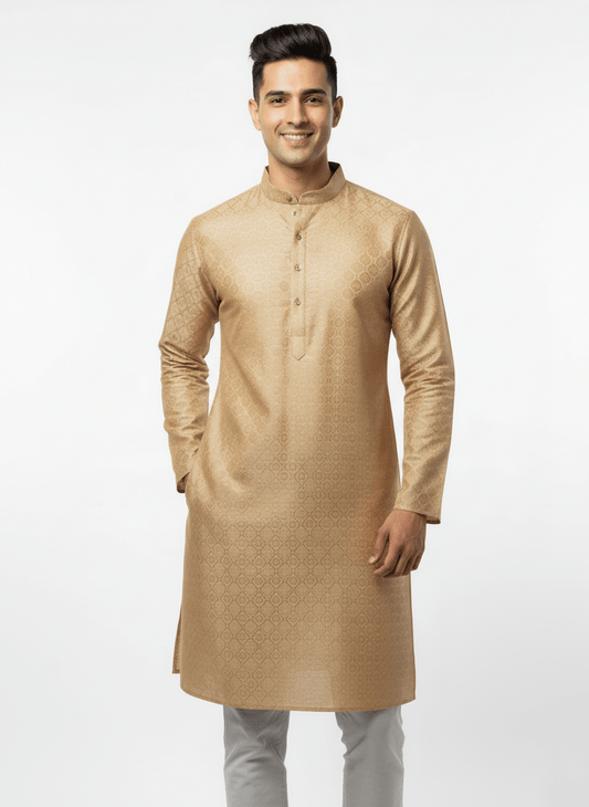 Men's Premium Jaquard Kurta with Jari Embroidery - Wedding & Festival Wear | Round Collar Full Sleeve Kurta Set - Golden, Mango Yellow - Vedkart