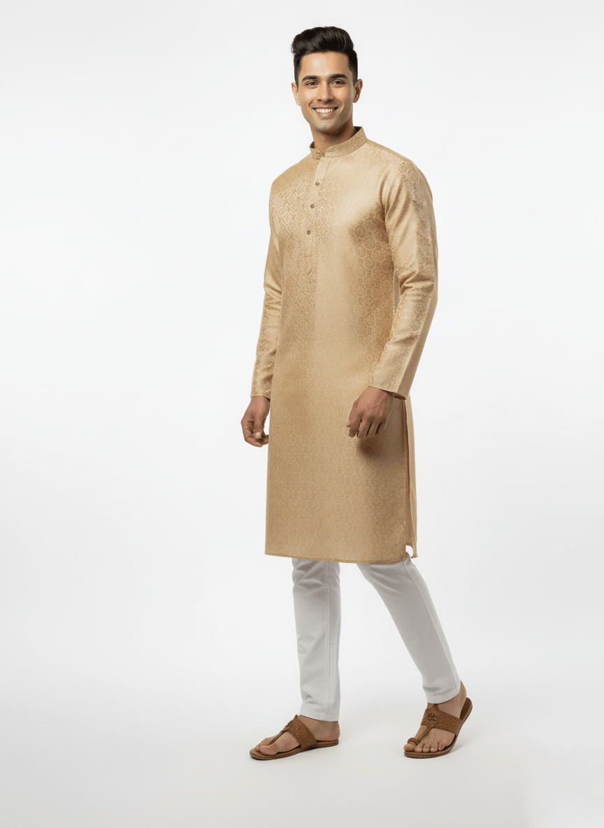 Men's Premium Jaquard Kurta with Jari Embroidery - Wedding & Festival Wear | Round Collar Full Sleeve Kurta Set - Golden, Mango Yellow - Vedkart