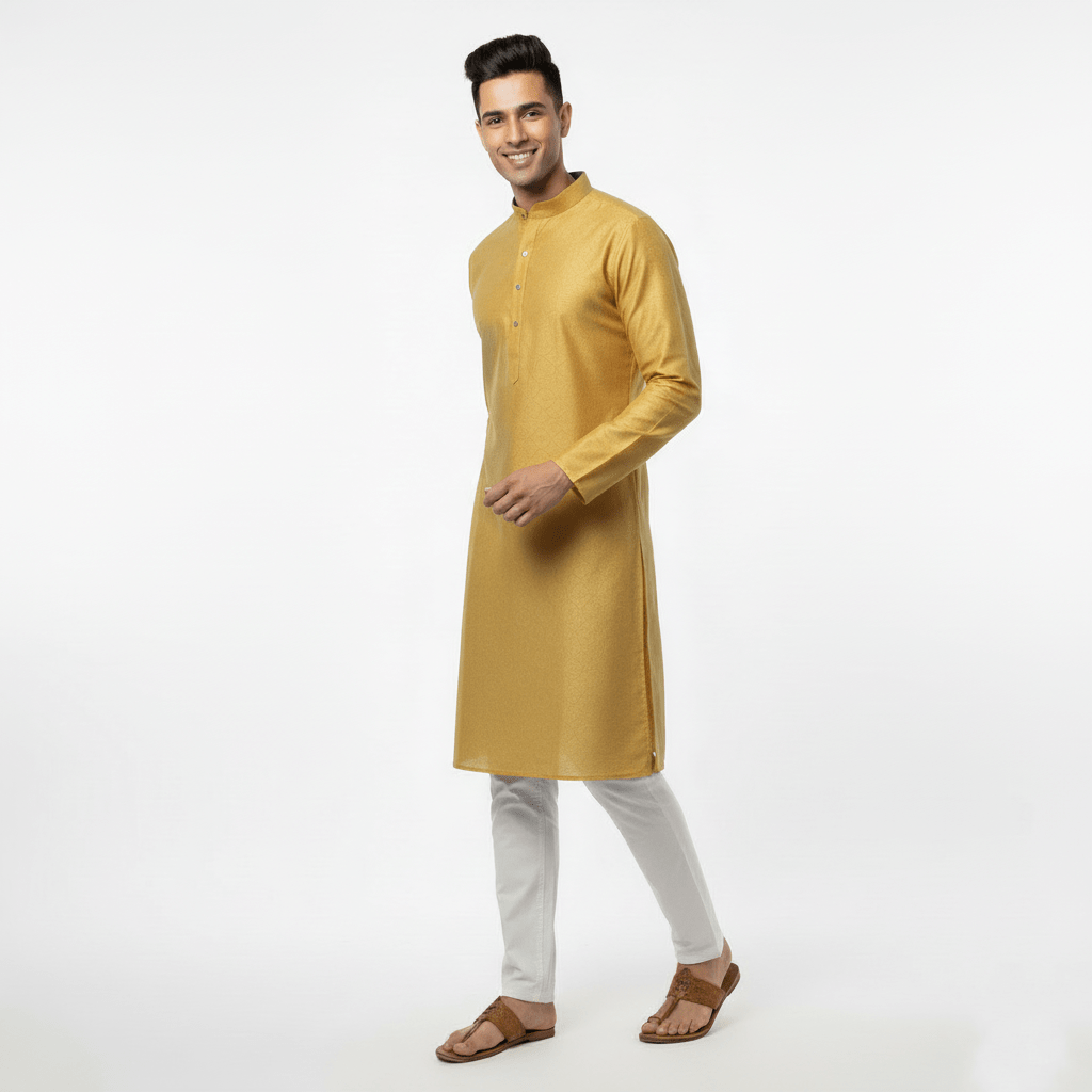 Men's Premium Jaquard Kurta with Jari Embroidery - Wedding & Festival Wear | Round Collar Full Sleeve Kurta Set - Lemon, lemon yellow kurta, golden yellow kurta - Vedkart