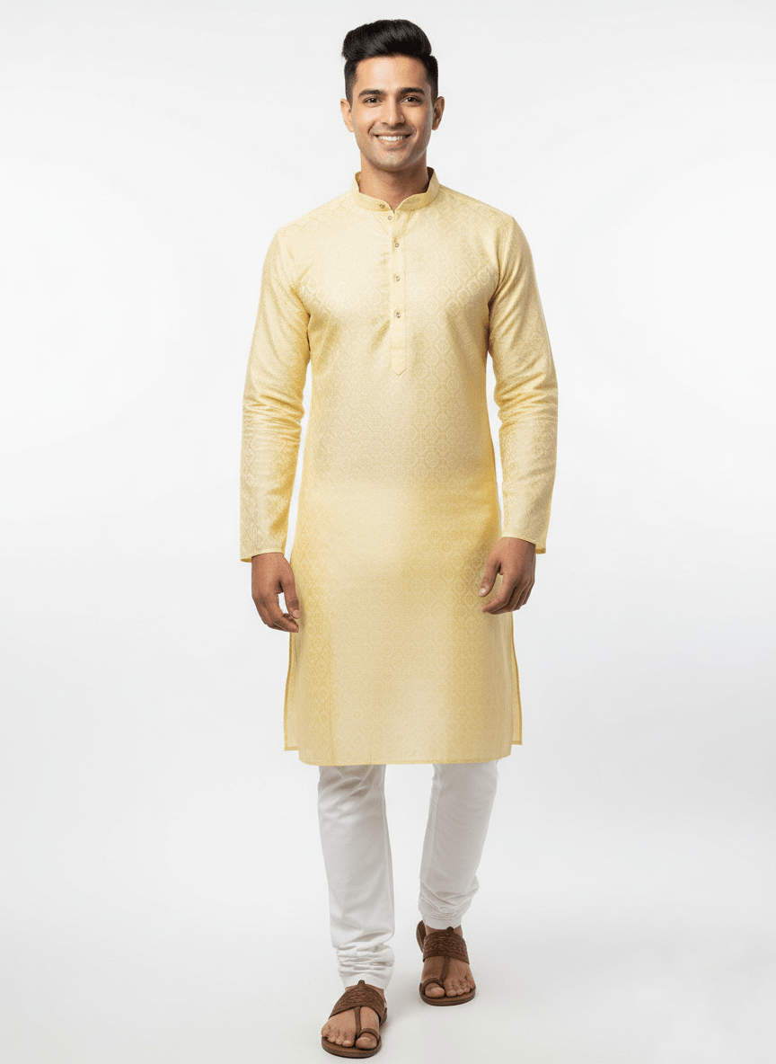Men's Premium Jaquard Kurta with Jari Embroidery - Wedding & Festival Wear | Round Collar Full Sleeve Kurta Set - Lemon, lemon yellow kurta, golden yellow kurta - Vedkart