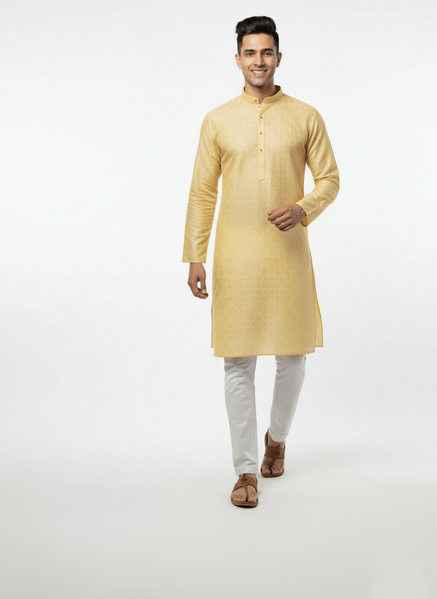 Men's Premium Jaquard Kurta with Jari Embroidery - Wedding & Festival Wear | Round Collar Full Sleeve Kurta Set - Lemon, lemon yellow kurta, golden yellow kurta - Vedkart