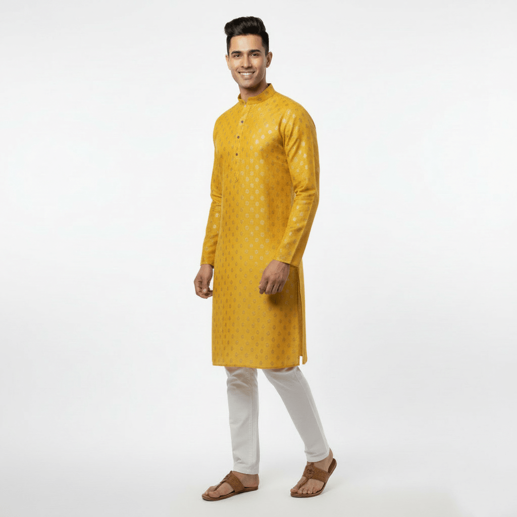 Men's Yellow Jacquard Silk Kurta with Zari Embroidery, luppi Work - Golden yellow - Vedkart