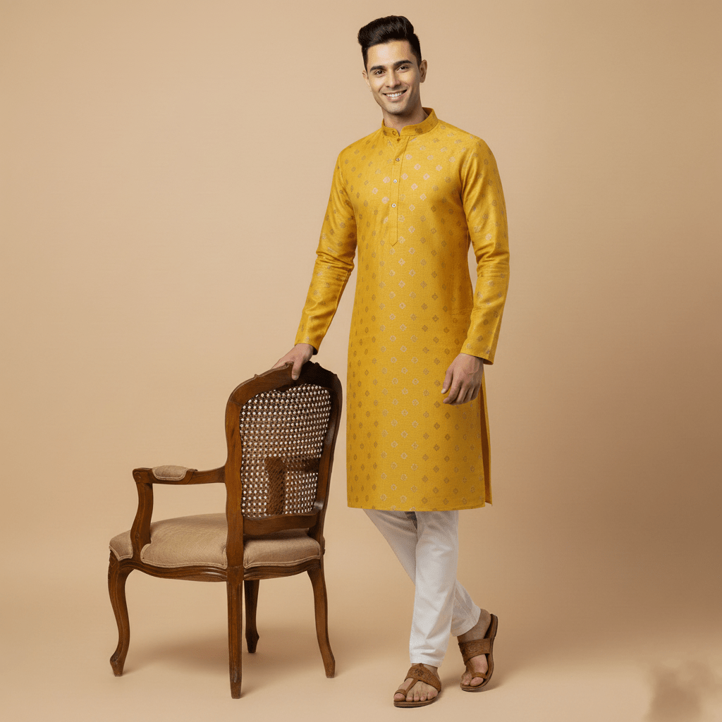 Men's Yellow Jacquard Silk Kurta with Zari Embroidery, luppi Work - Golden yellow - Vedkart
