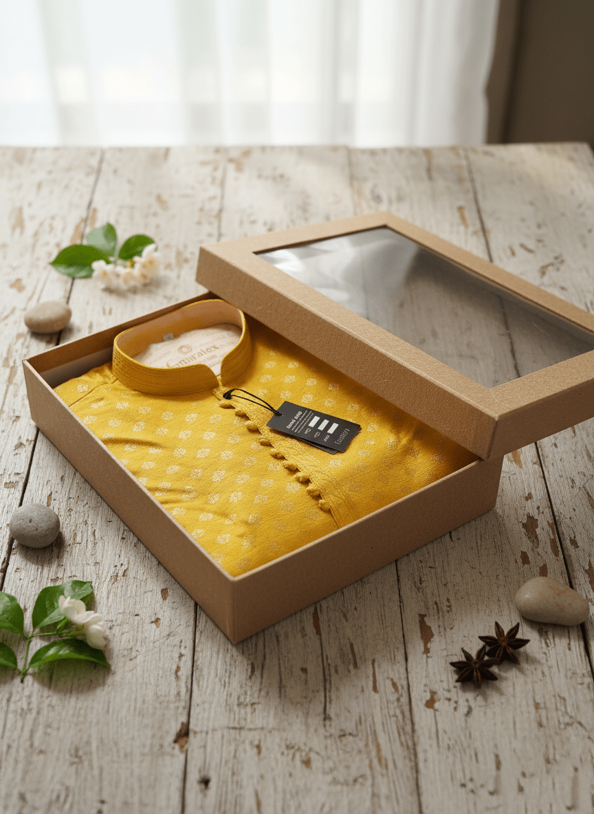 Men's Yellow Jacquard Silk Kurta with Zari Embroidery, luppi Work - Golden yellow - Vedkart