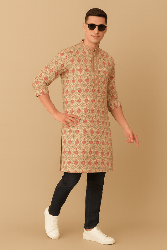 Pastel Floral Digital Print Silk Blend Kurta – Elegant Traditional Wear for Men - Vedkart