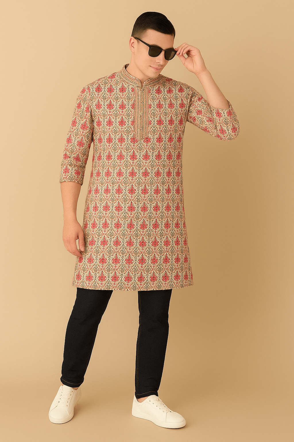 Pastel Floral Digital Print Silk Blend Kurta – Elegant Traditional Wear for Men - Vedkart