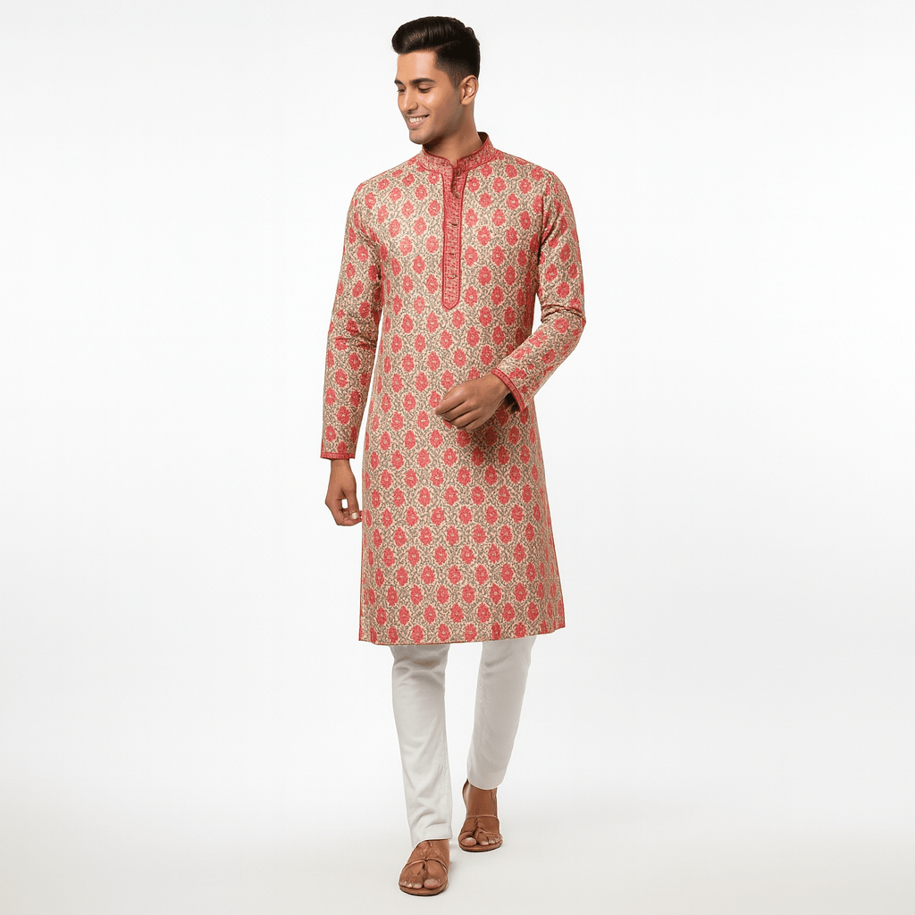Pastel Floral Digital Print Silk Blend Kurta – Elegant Traditional Wear for Men - Vedkart