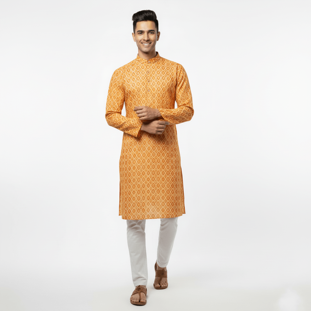 Peach & Mustard Geometric Digital Print Silk Blend Kurta – Festive Ethnic Wear for Men - Vedkart