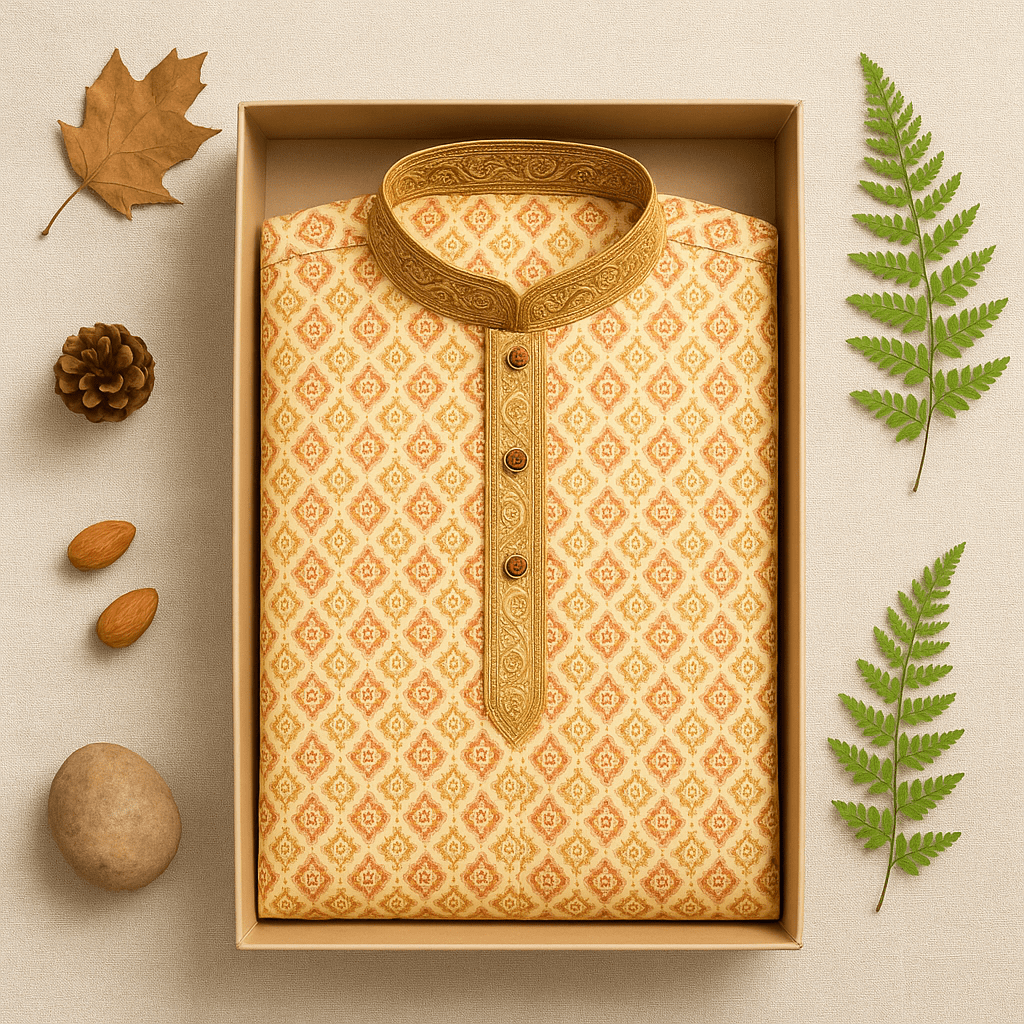 Peach & Mustard Geometric Digital Print Silk Blend Kurta – Festive Ethnic Wear for Men - Vedkart
