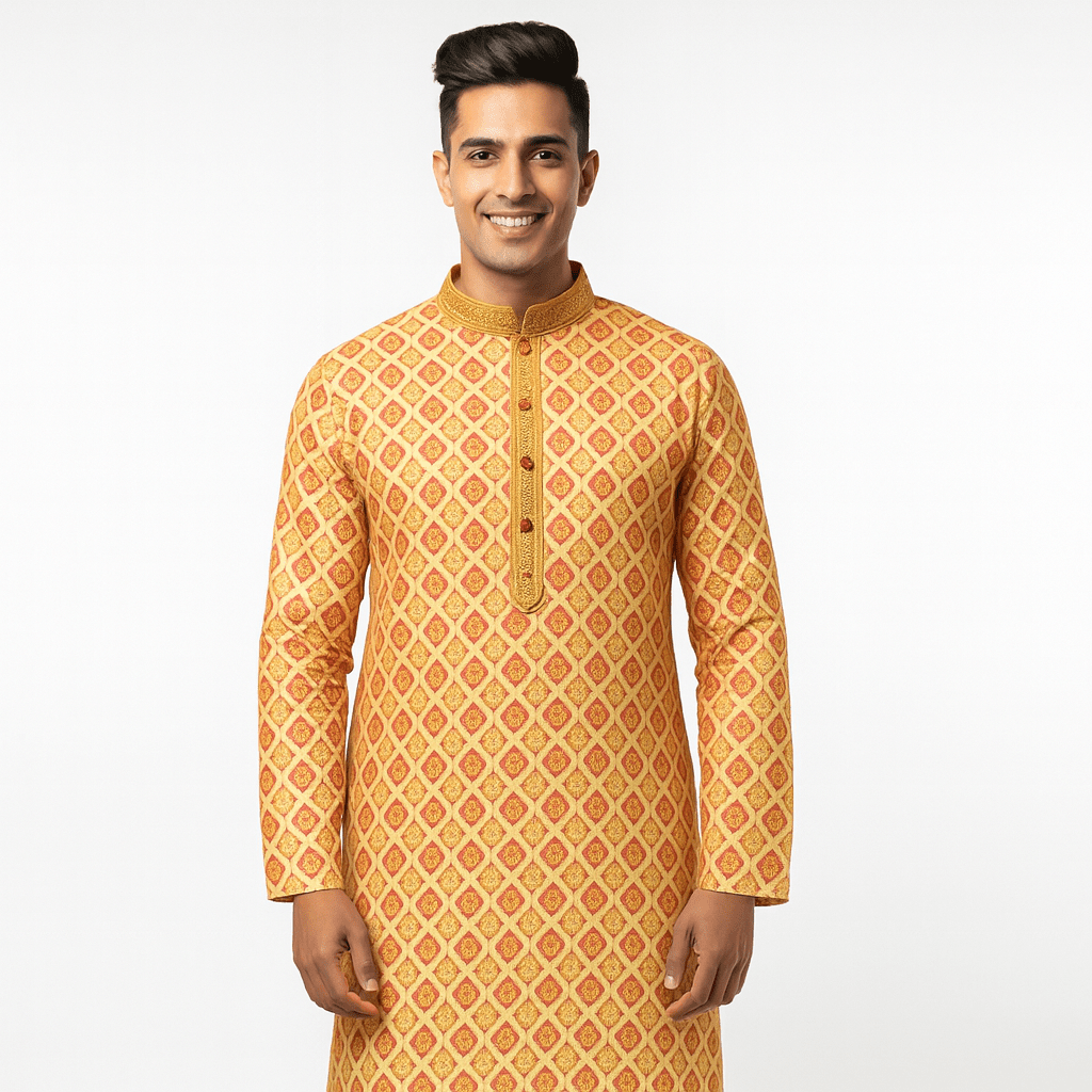 Peach & Mustard Geometric Digital Print Silk Blend Kurta – Festive Ethnic Wear for Men - Vedkart