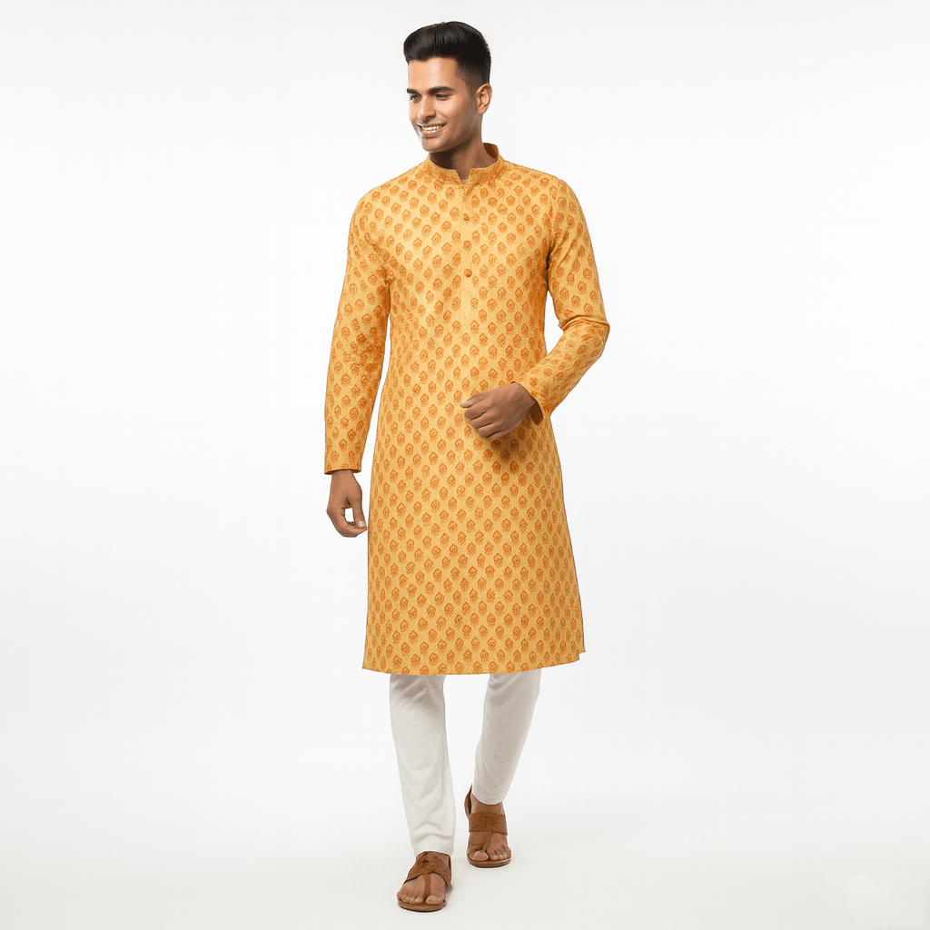 Peach & Mustard Geometric Digital Print Silk Blend Kurta – Festive Ethnic Wear for Men - Vedkart