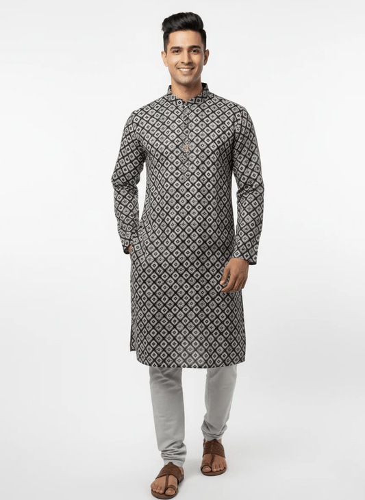 Premium Jacquard Kurta, Zebra sequence Kurta - Black - Vedkart