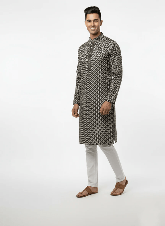 Premium Jacquard Kurta, Zebra sequence Kurta - Black - Vedkart