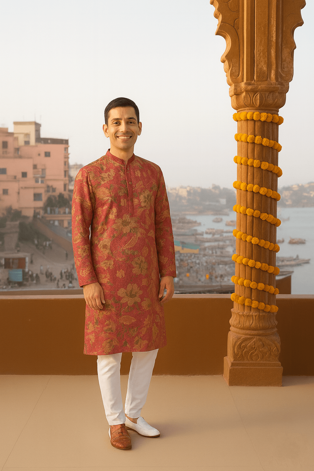 Rose Pink Floral Digital Print Silk Blend Kurta with Sequins Work – Premium Festive Wear for Men - Vedkart