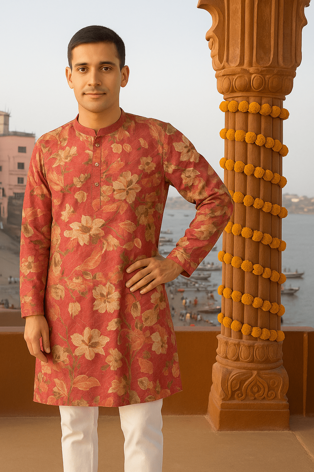 Rose Pink Floral Digital Print Silk Blend Kurta with Sequins Work – Premium Festive Wear for Men - Vedkart