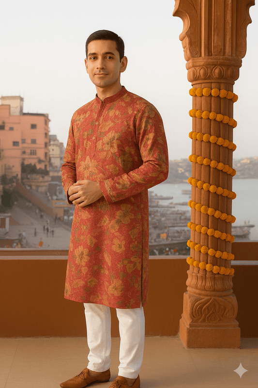 Rose Pink Floral Digital Print Silk Blend Kurta with Sequins Work – Premium Festive Wear for Men - Vedkart